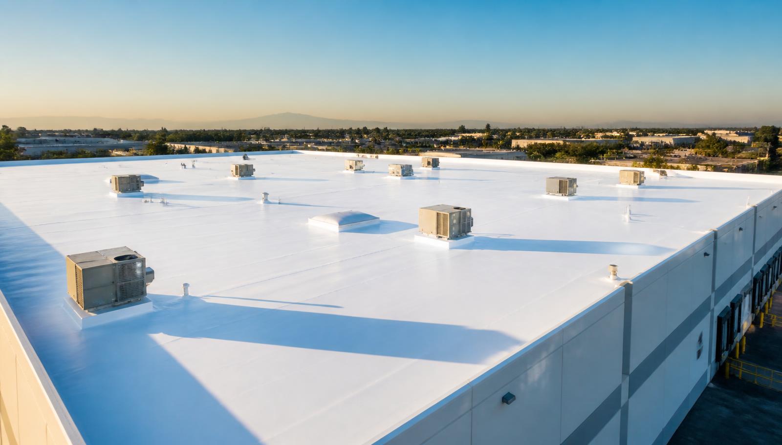 Freshly applied white silicone roof coating on a commercial warehouse flat roof